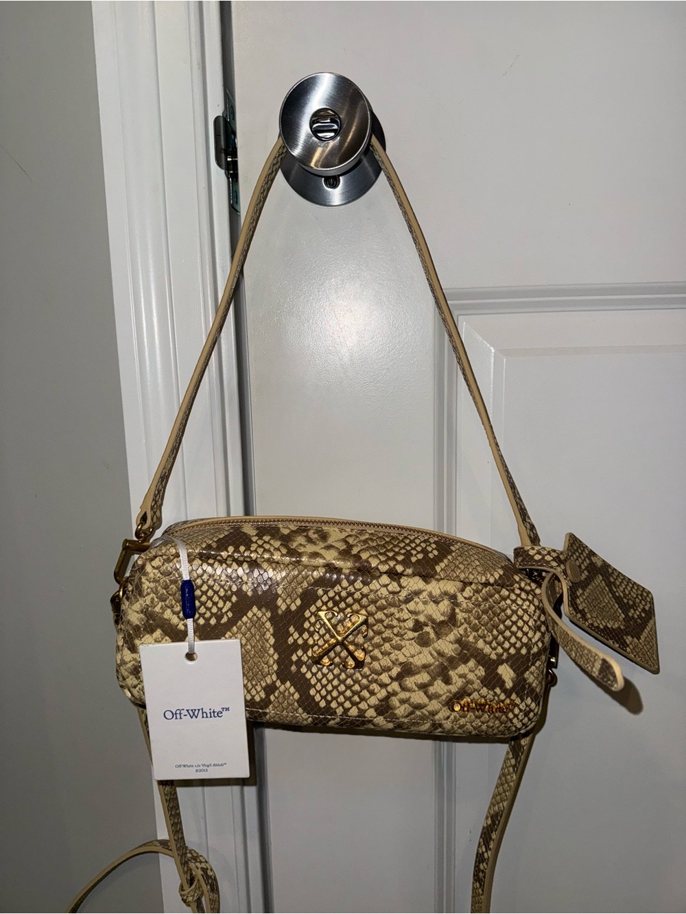 Off-White Tan Snake-Print Crossbody Bag